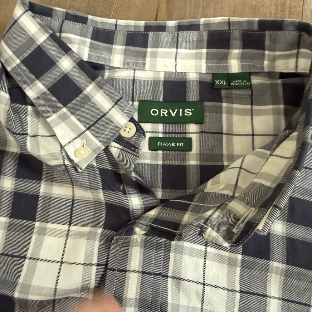 Orvis Button Down Shirt Classic Fit XXL Check Plaid Navy Blue White Pocket - Picture 2 of 7